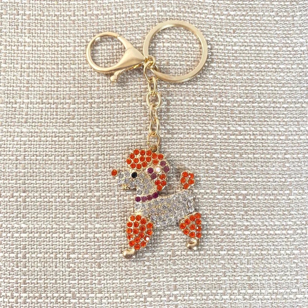 Poodle Rhinestone Charm Keychain Key Holder Orange Multi Gold Tone Metal New